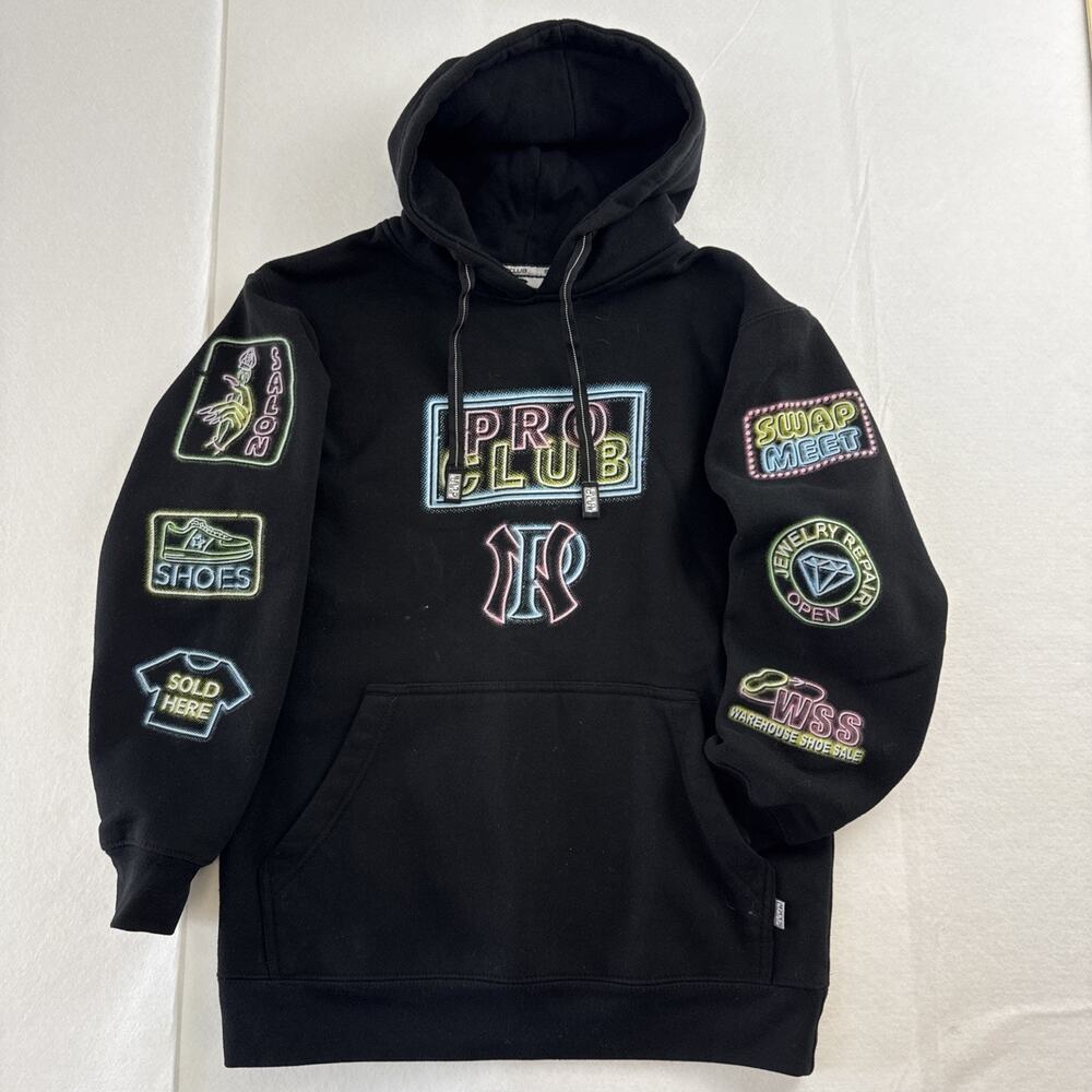 Pro Club Neon Signs Hoodie Black Heavyweight Graphic Pullover Size Small